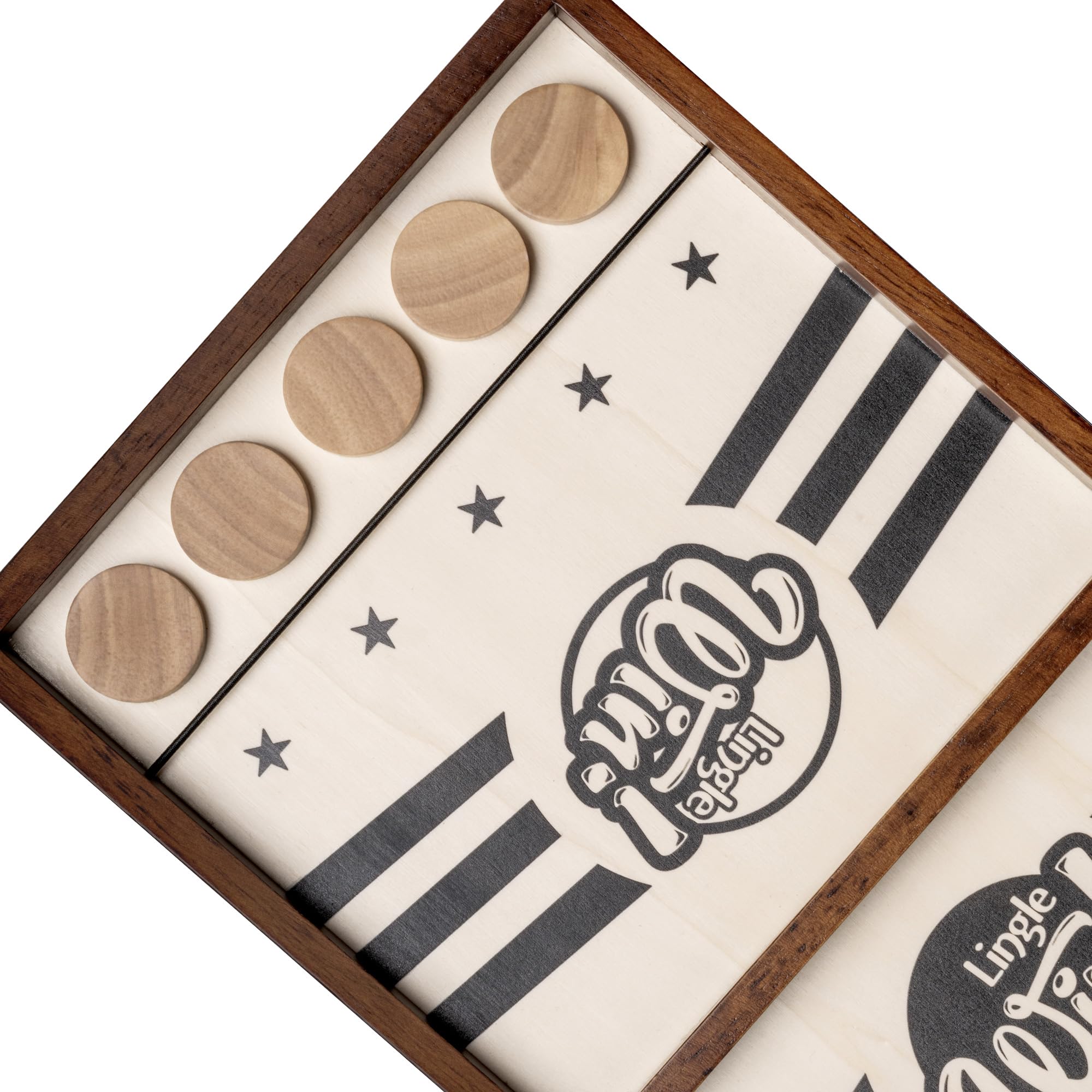 Lingle Sling Puck Game smooth wood surface for comfortable long play.
