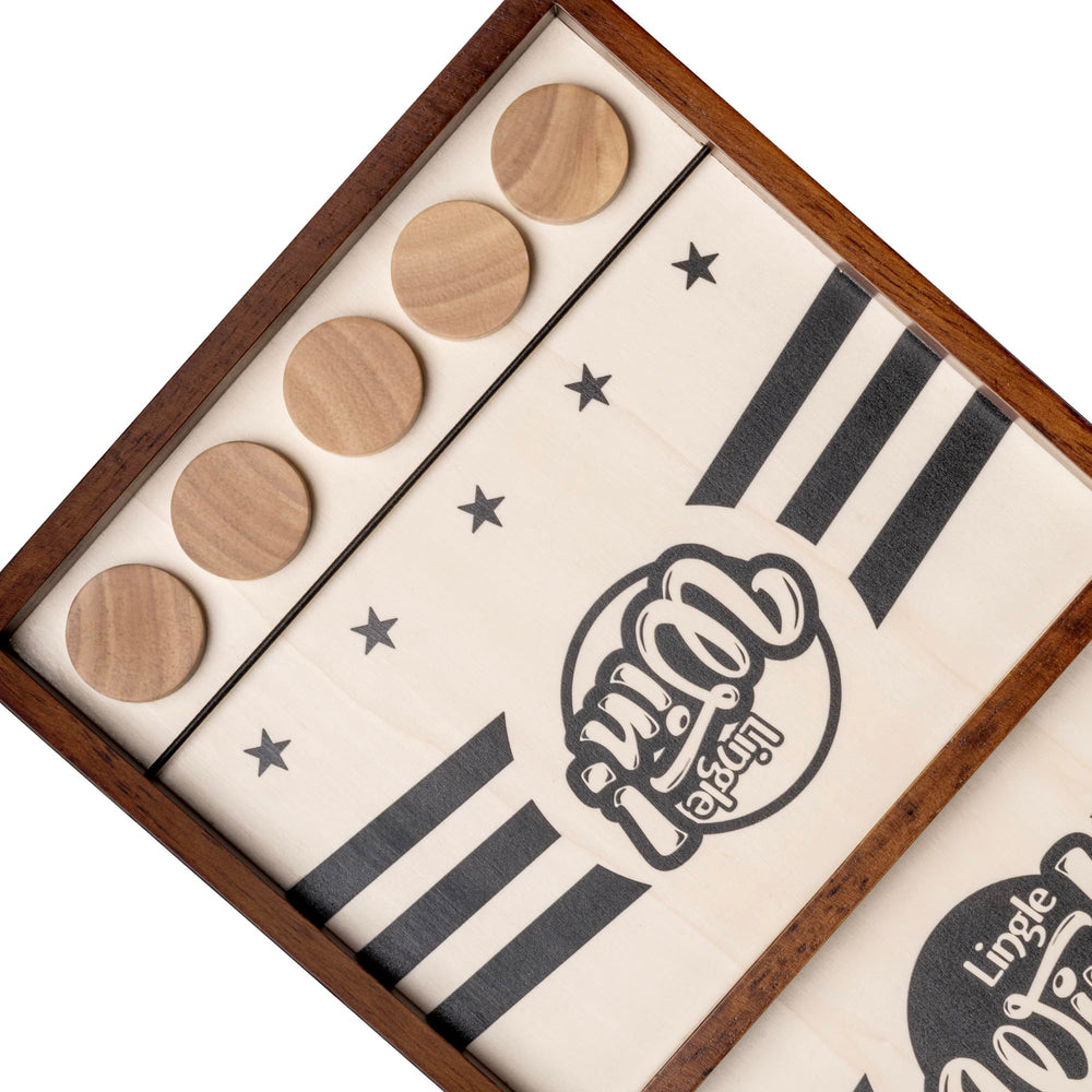 Lingle Sling Puck Game smooth wood surface for comfortable long play.