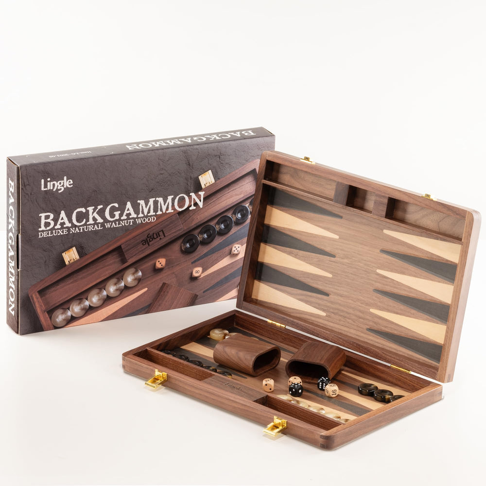 Lingle walnut wooden dice cups included for easy dice handling.