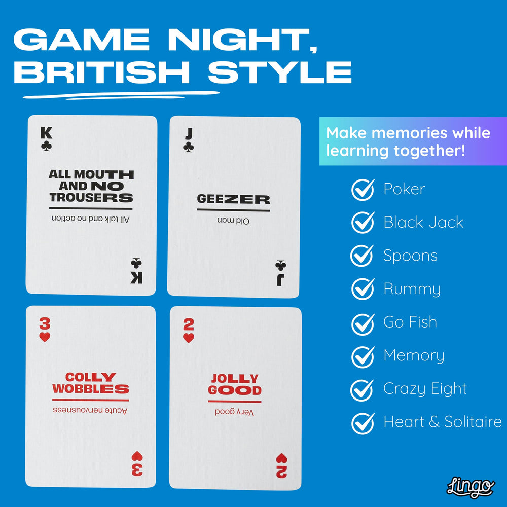 Lingo card games image highlights playing options like Poker and Go Fish with language practice.