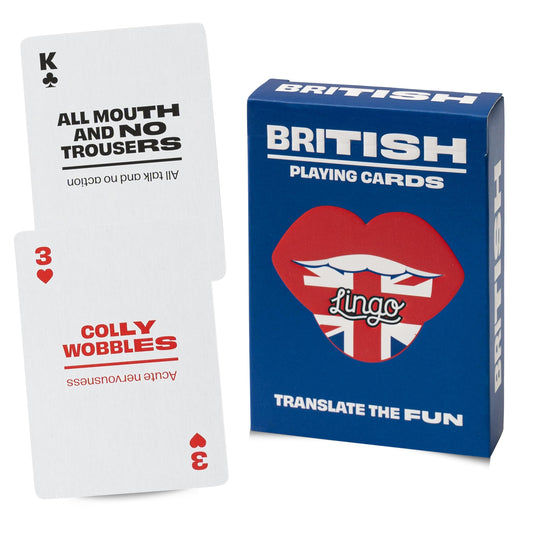 Lingo playing cards package front shows a stylish travel-friendly language learning box.