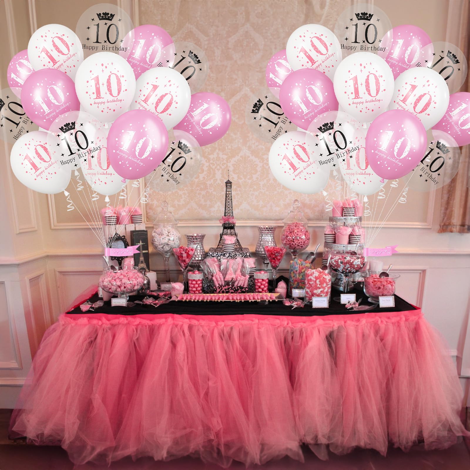 Lingqiang 10th birthday party decor setup with pink white transparent balloons.