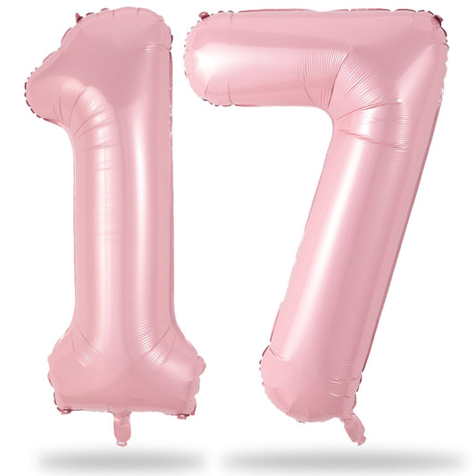 Lingqiang 17-balloon front view shows pastel pink foil numbers for elegant party decor.