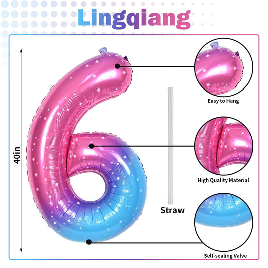 Lingqiang 40-inch gradient number 6 balloon side view for wall displays.