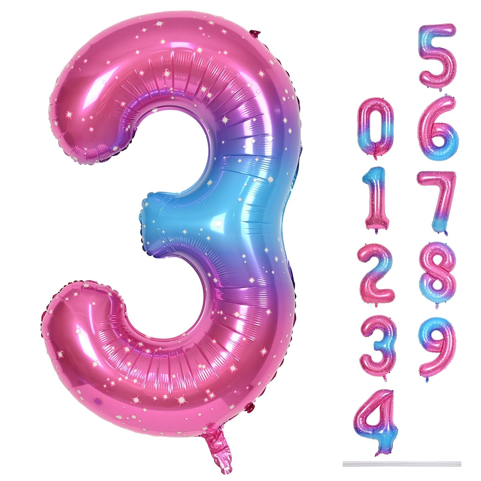 Lingqiang 40-inch number 3 balloon with a pink-blue gradient starry finish for photo props.