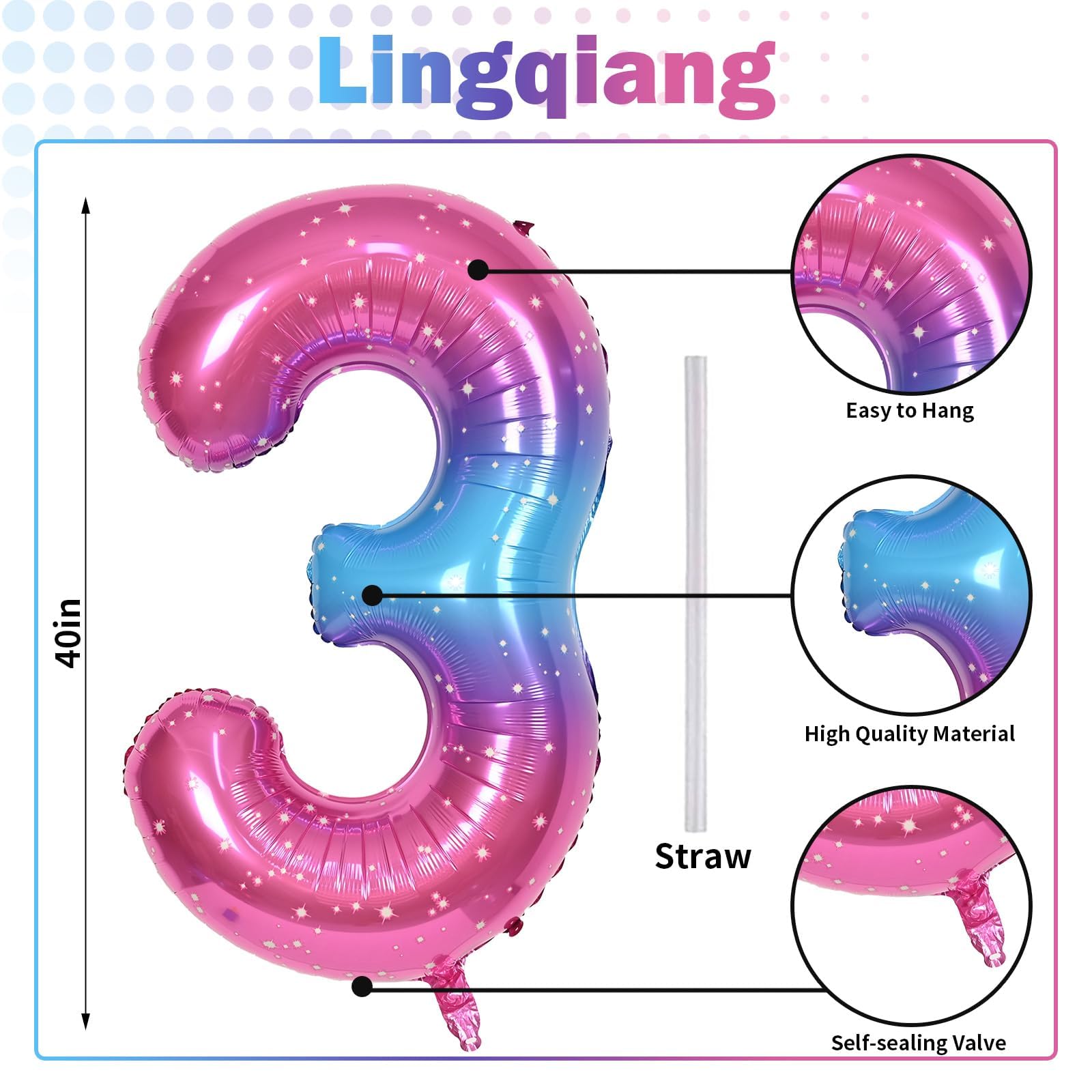 Lingqiang 40-inch number 3 balloon with metallic foil texture to elevate party decor.