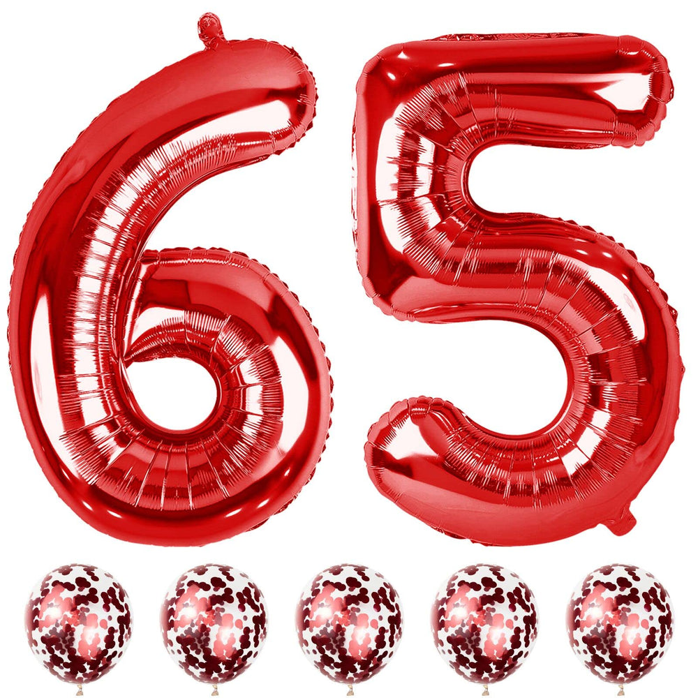Lingqiang 40-inch 65-number foil balloons for a bold milestone backdrop.