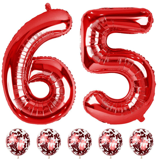 Lingqiang 40-inch 65-number foil balloons for a bold milestone backdrop.