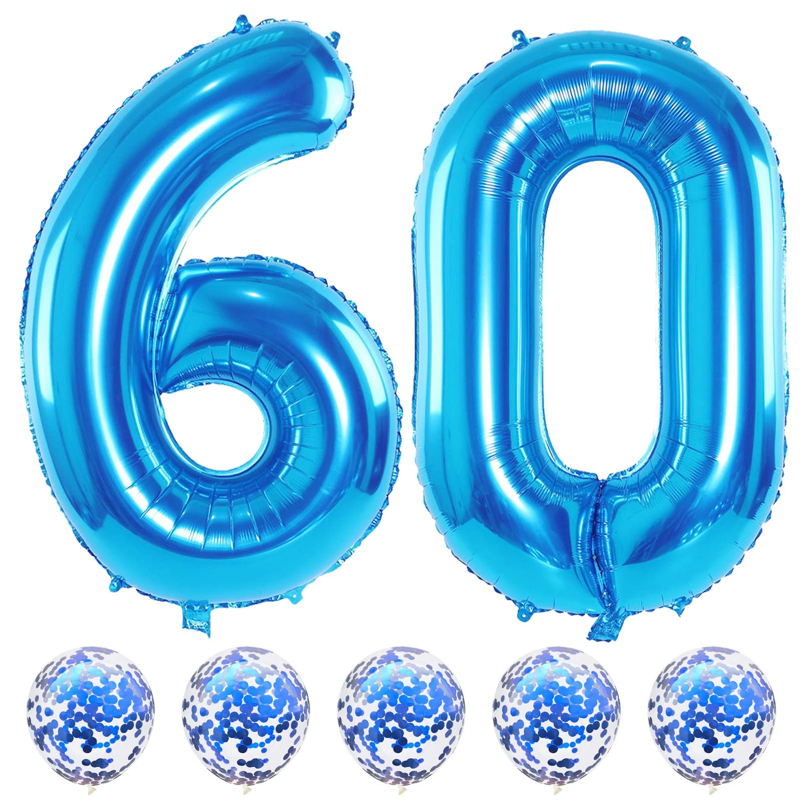 Lingqiang 60th blue foil balloons create a dramatic birthday backdrop.