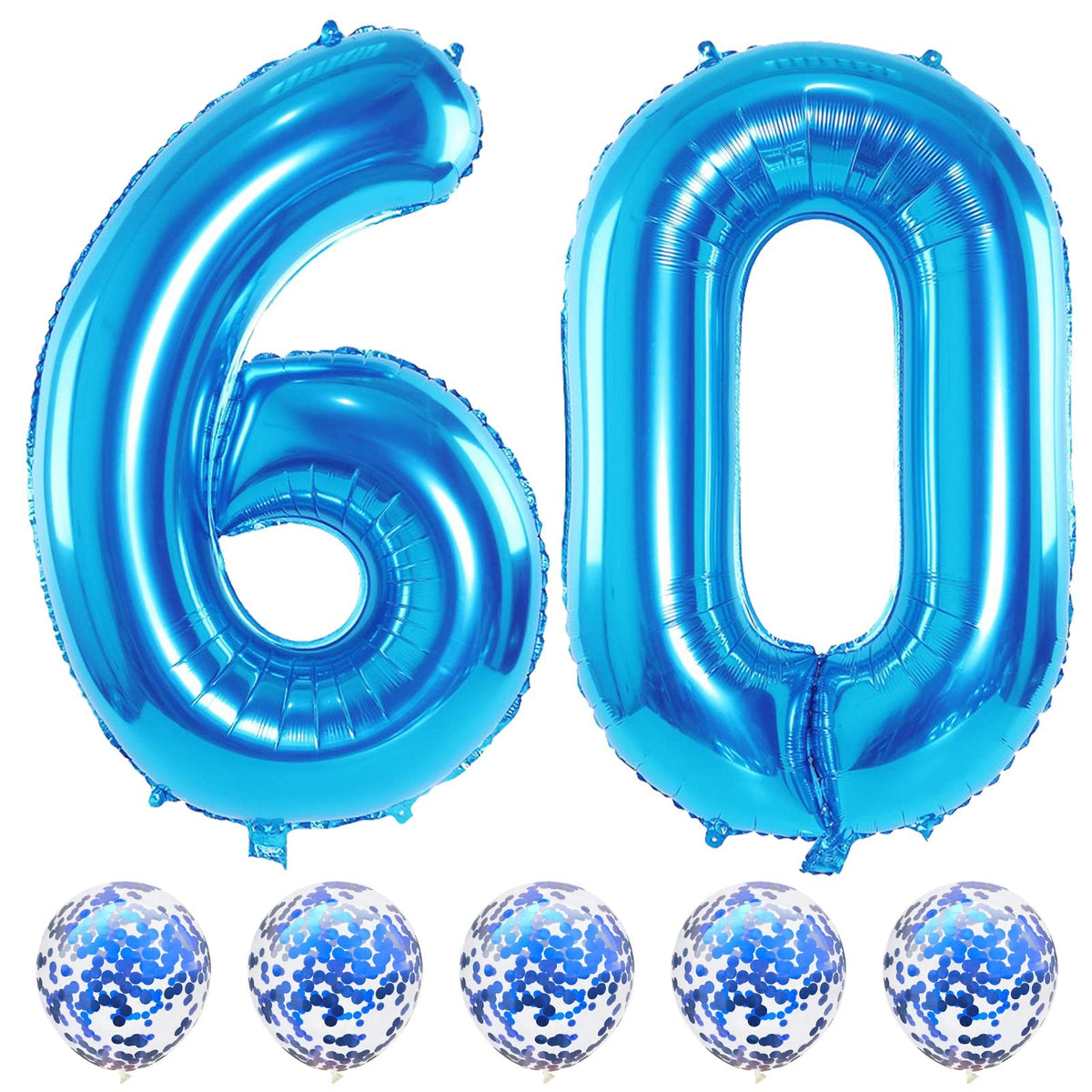 Lingqiang 60th blue foil balloons create a dramatic birthday backdrop.