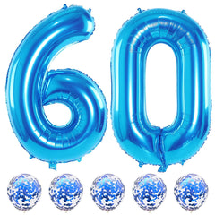 Lingqiang 60th blue foil balloons create a dramatic birthday backdrop.