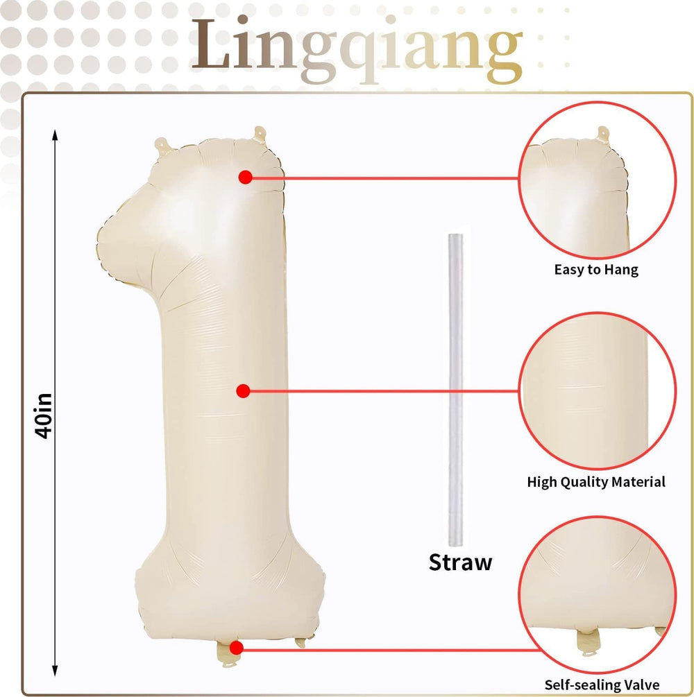 Lingqiang beige number 1 balloon setup for photo backdrop.