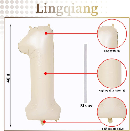 Lingqiang beige number 1 balloon setup for photo backdrop.