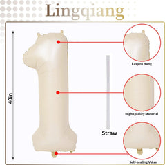 Lingqiang beige number 1 balloon setup for photo backdrop.