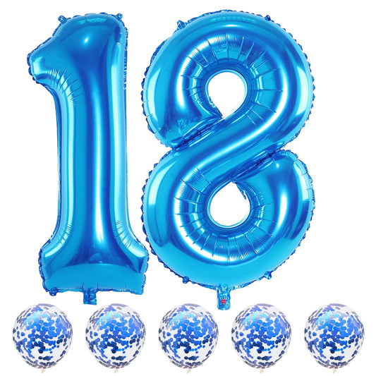 Lingqiang blue 18-number foil balloon, 40-inch, milestone birthday decor.