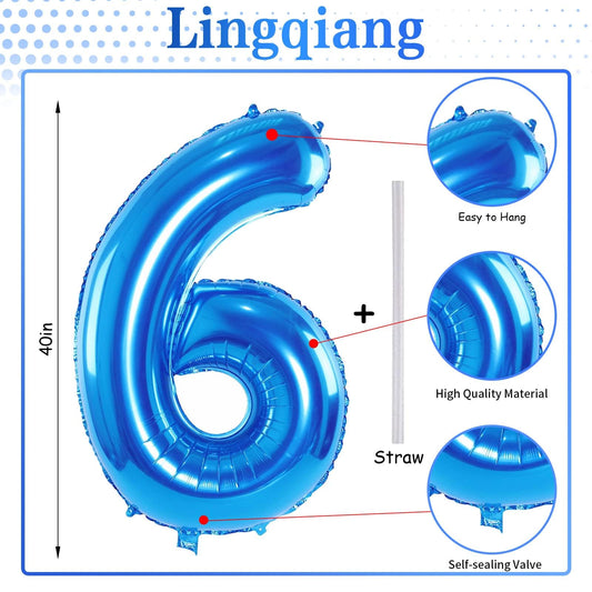 Lingqiang blue 40-inch number 6 balloon, side view, adds height to party decor