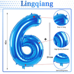 Lingqiang blue 40-inch number 6 balloon, side view, adds height to party decor