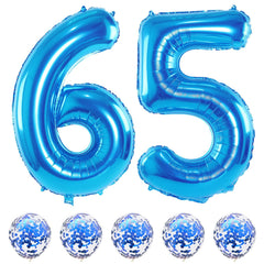 Lingqiang blue 65-number foil balloons form a bold birthday focal point.