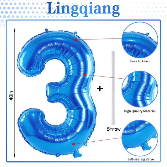 Lingqiang blue number 3 balloon with self-sealing valve for quick setup.
