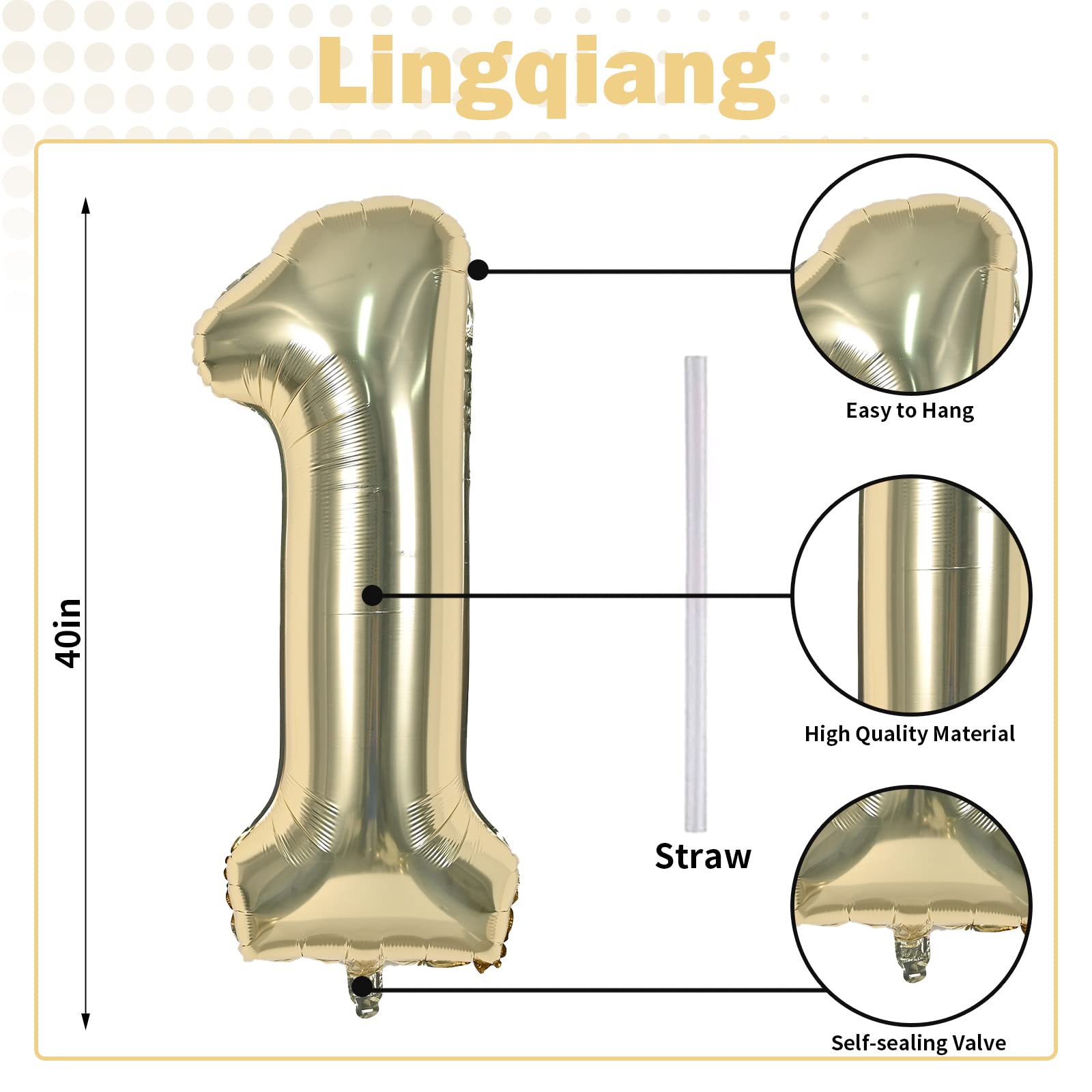 Lingqiang Champagne Gold Number 1 Balloon with straw for easy inflation and reuse.
