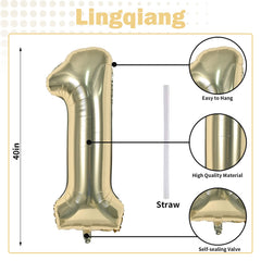 Lingqiang Champagne Gold Number 1 Balloon with straw for easy inflation and reuse.