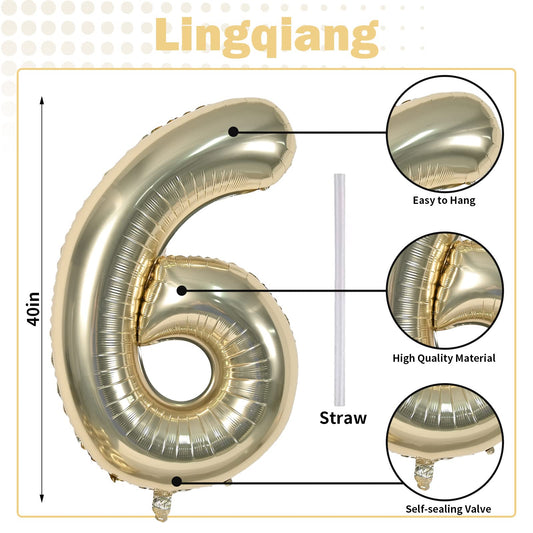 Close-up of Lingqiang Champagne Gold Number 6 balloon showing durable foil shine for festive decor.