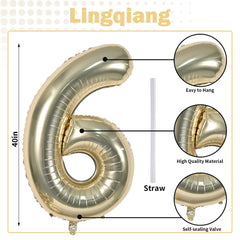 Close-up of Lingqiang Champagne Gold Number 6 balloon showing durable foil shine for festive decor.