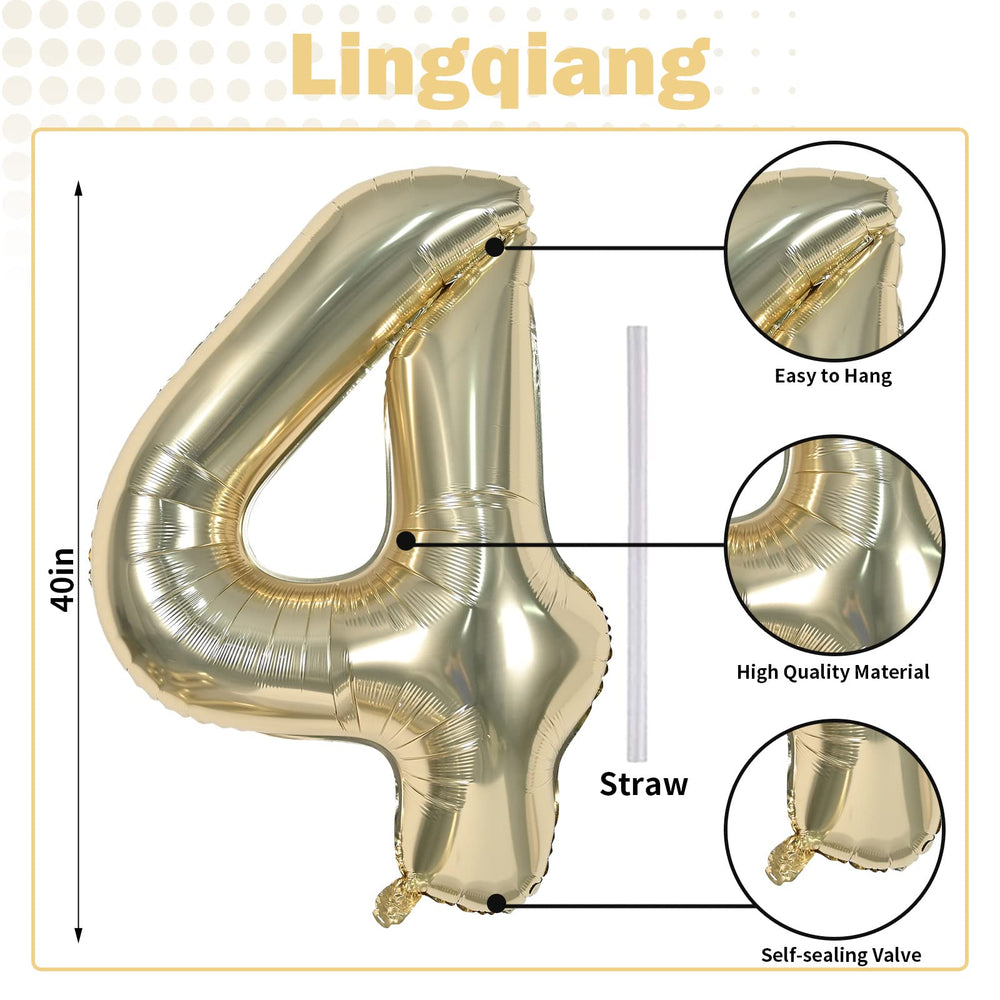 Lingqiang champagne gold number 4 balloon – side view for dynamic party decor