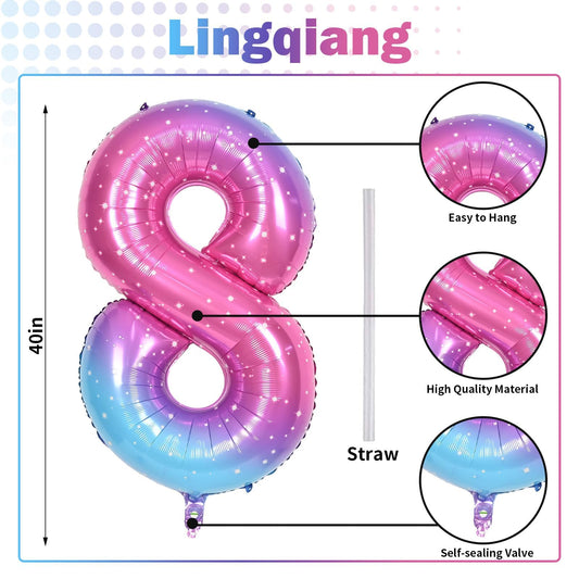 Lingqiang starry-print foil balloon number 8 adds whimsy to celebrations.