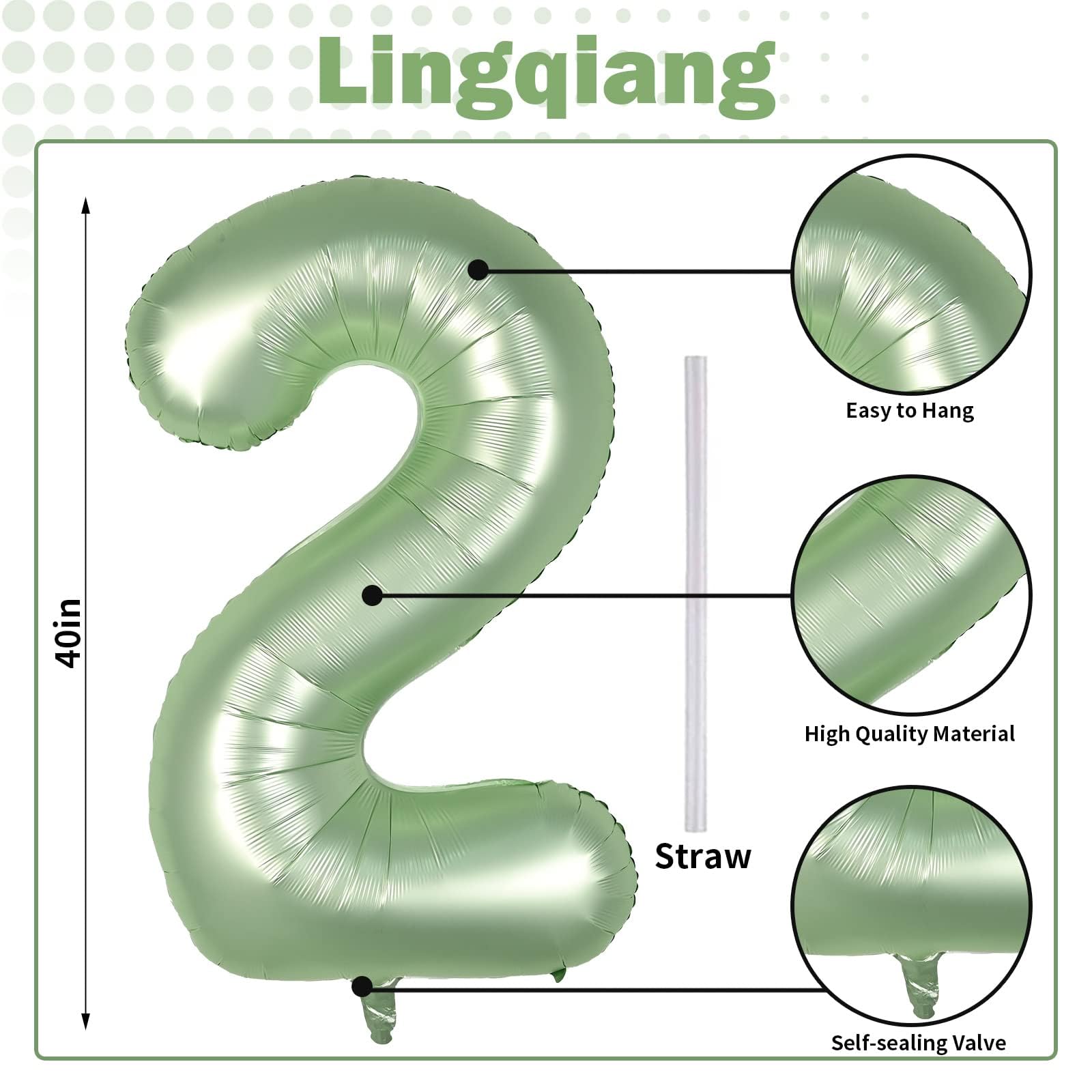 Lingqiang foil number 2 balloon sage green inflates easily for quick party setup