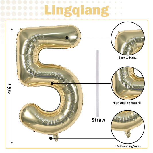 Lingqiang champagne gold foil number 5 balloon close-up shows metallic shine