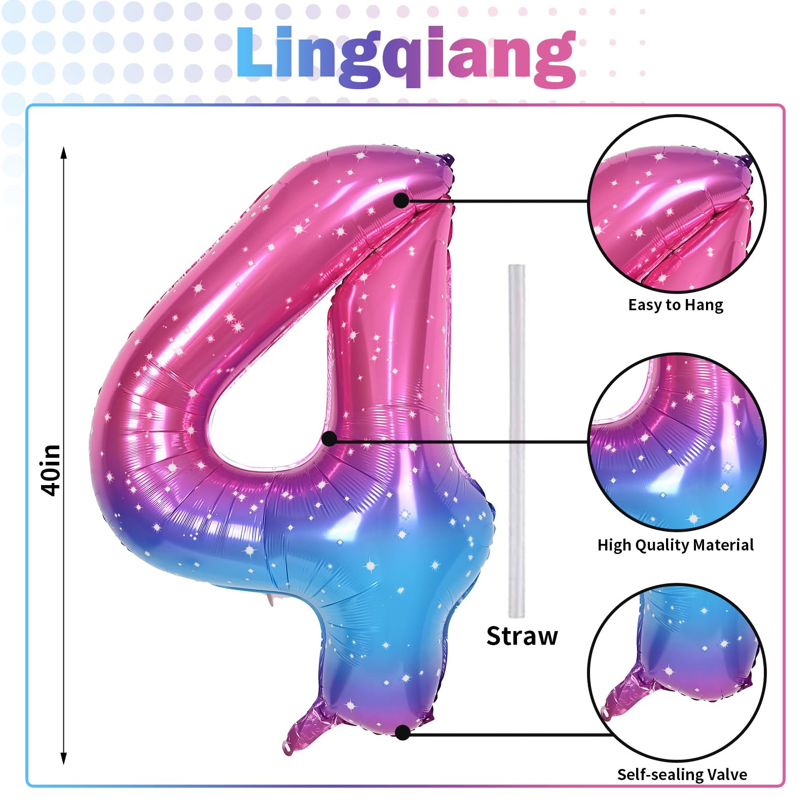 Lingqiang foil number balloon 4 with starry blue-pink finish for celebrations.