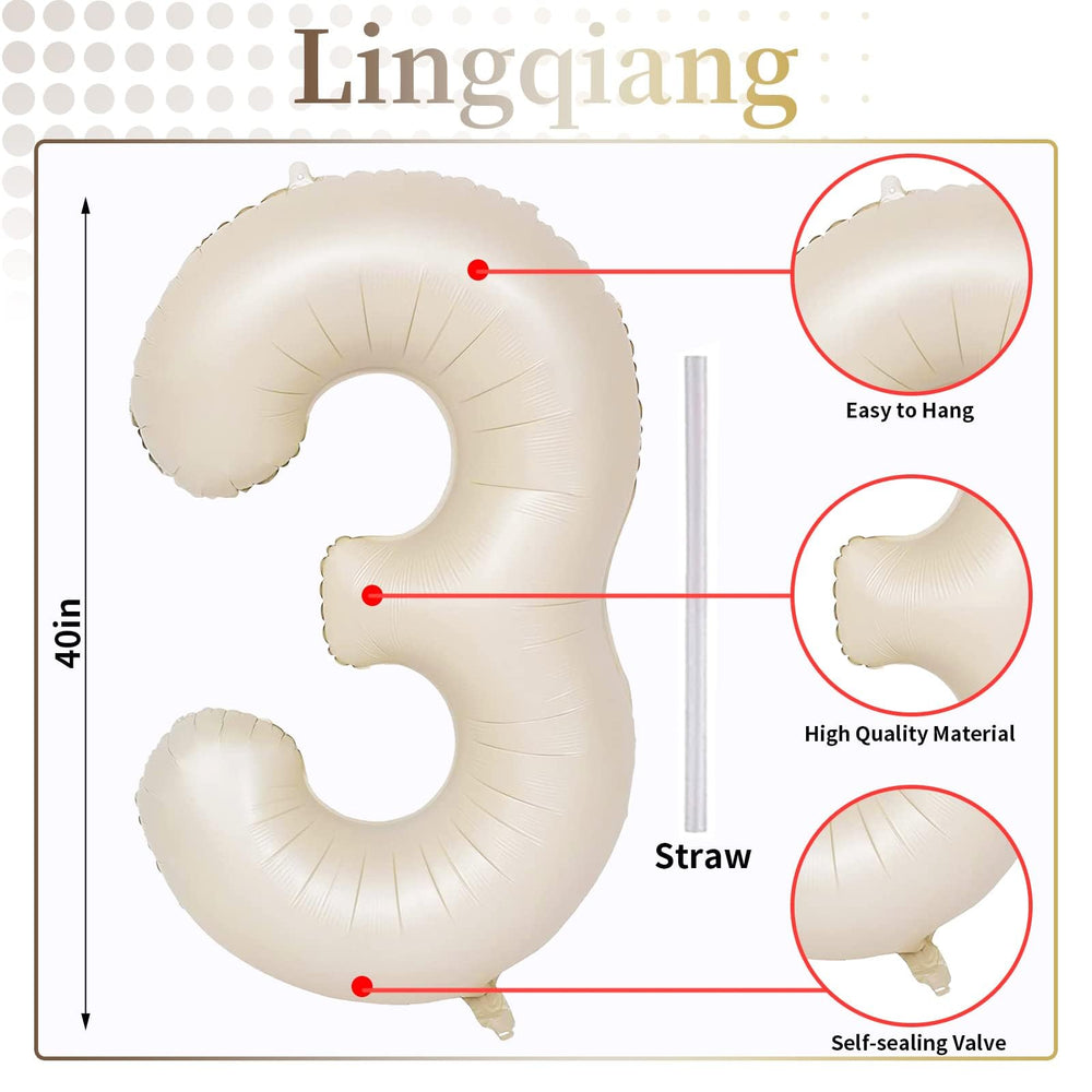 Lingqiang ivory white foil number 3 balloon adds elegant focal point to celebrations.