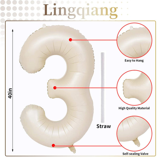 Lingqiang ivory white foil number 3 balloon adds elegant focal point to celebrations.