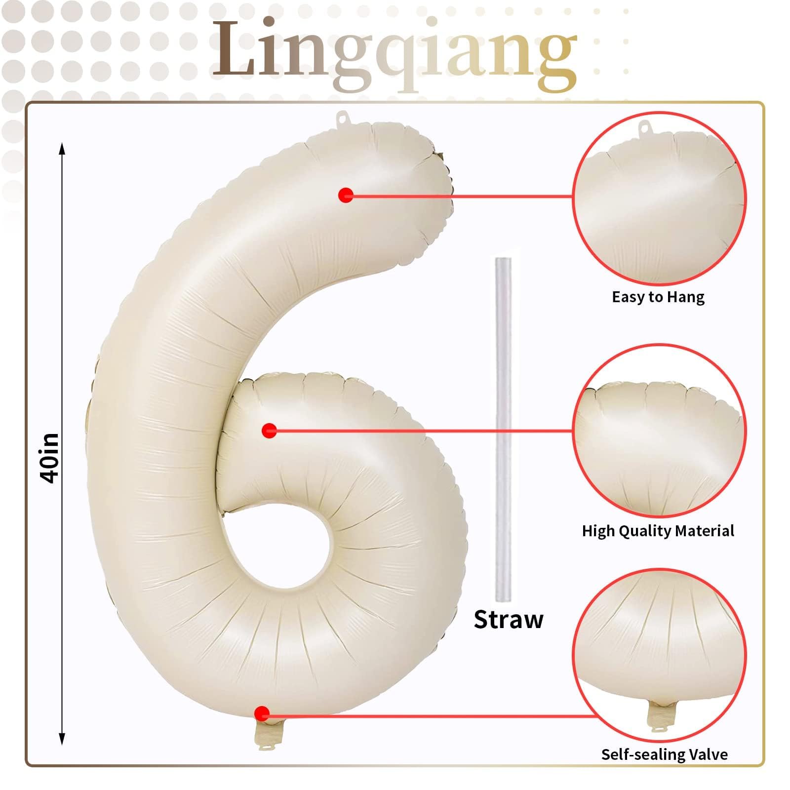 Lingqiang ivory white foil 6-number balloon close-up, premium party decor.