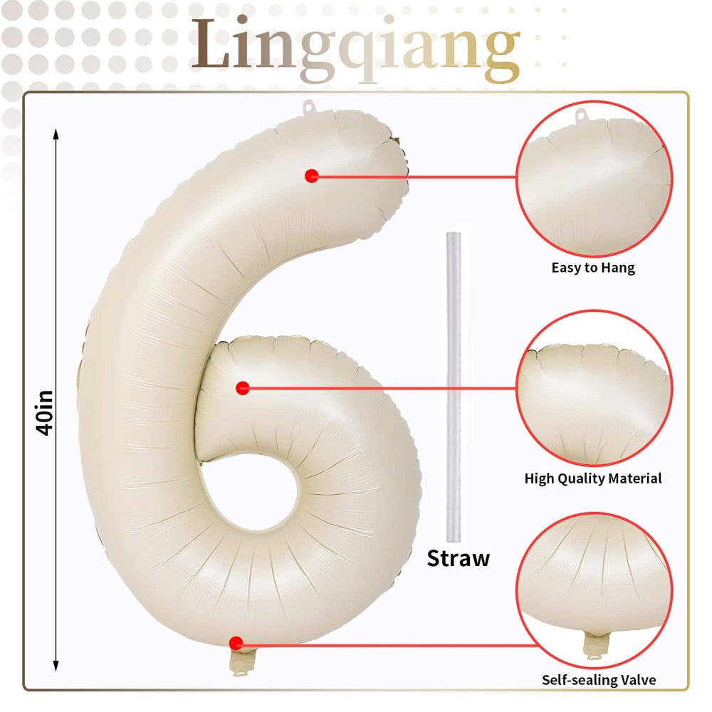 Lingqiang ivory white foil 6-number balloon close-up, premium party decor.