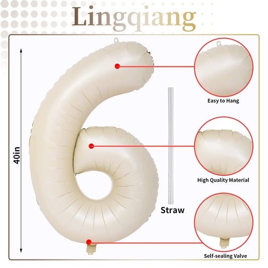 Lingqiang ivory white foil 6-number balloon close-up, premium party decor.