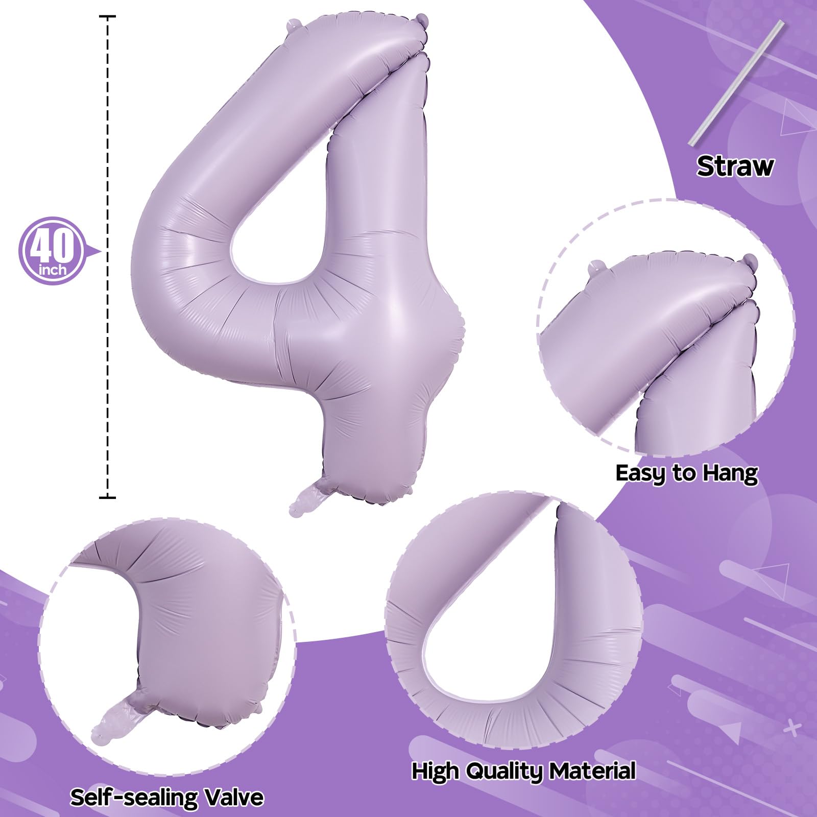 Lingqiang pastel purple foil number 4 balloon enhances photo backdrops