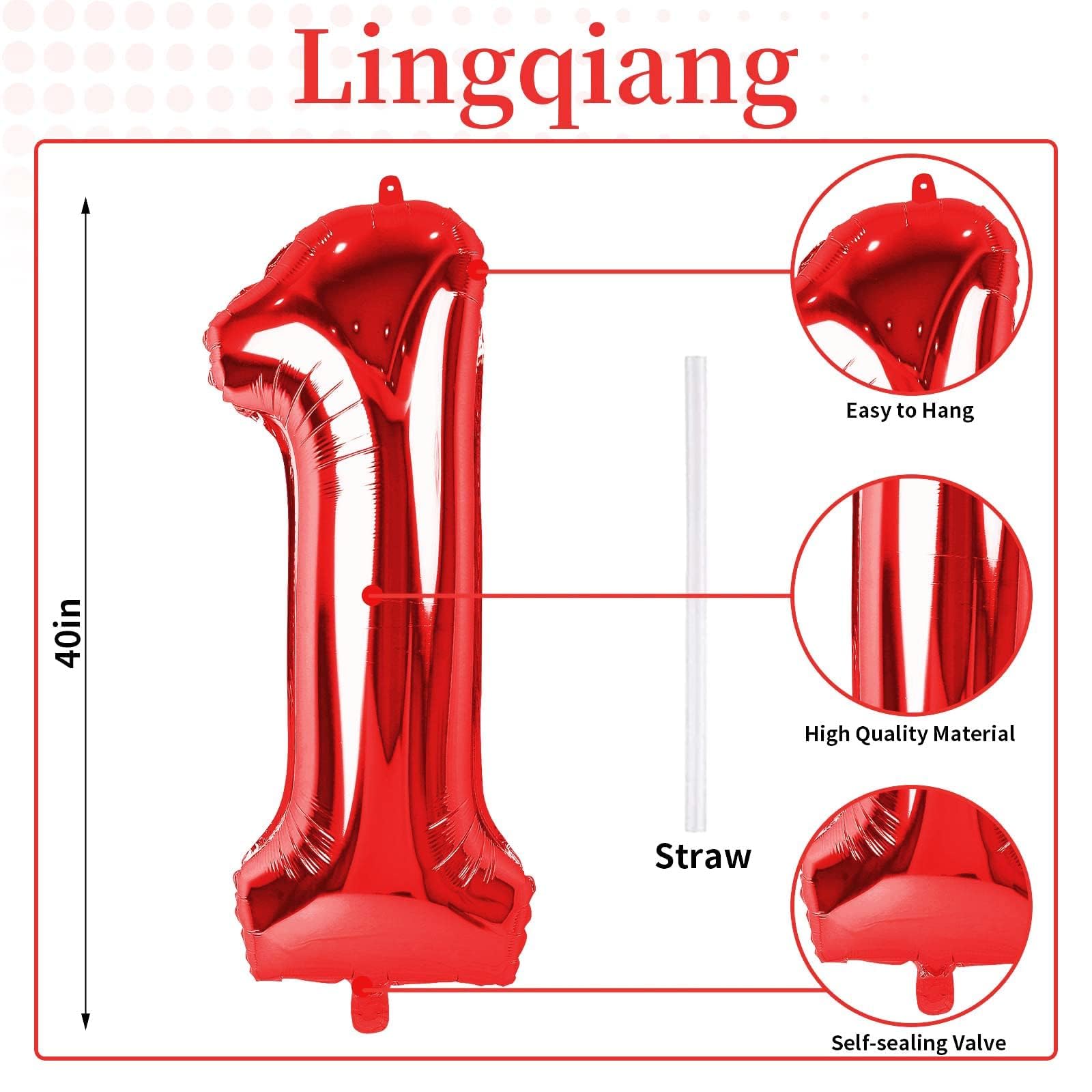 Lingqiang Red Number 1 balloon close-up showing glossy foil finish for party contrast.