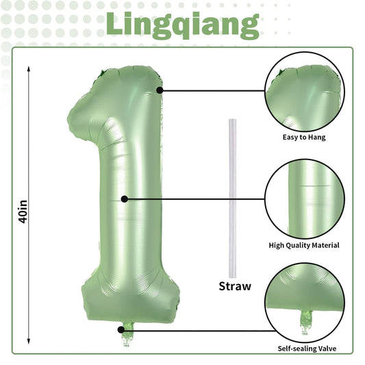 Lingqiang sage green foil balloon valve closeup shows easy self-seal feature.