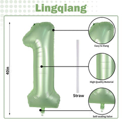 Lingqiang sage green foil balloon valve closeup shows easy self-seal feature.