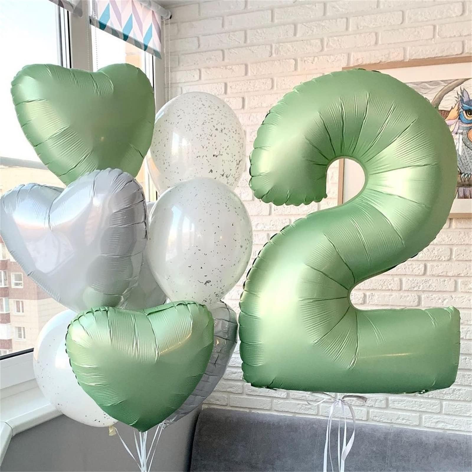 Lingqiang sage green number 2 balloon closeup showing glossy foil finish