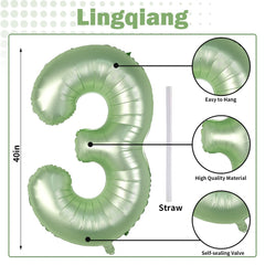  Lingqiang sage-green number 3 balloon with straw for easy inflation and reuse.