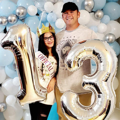 Lingqiang 40-inch silver number balloon; reusable across occasions.