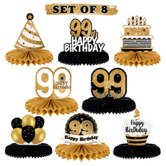 LINGTEER Happy 99th Birthday honeycomb centerpiece on table for milestone celebrations