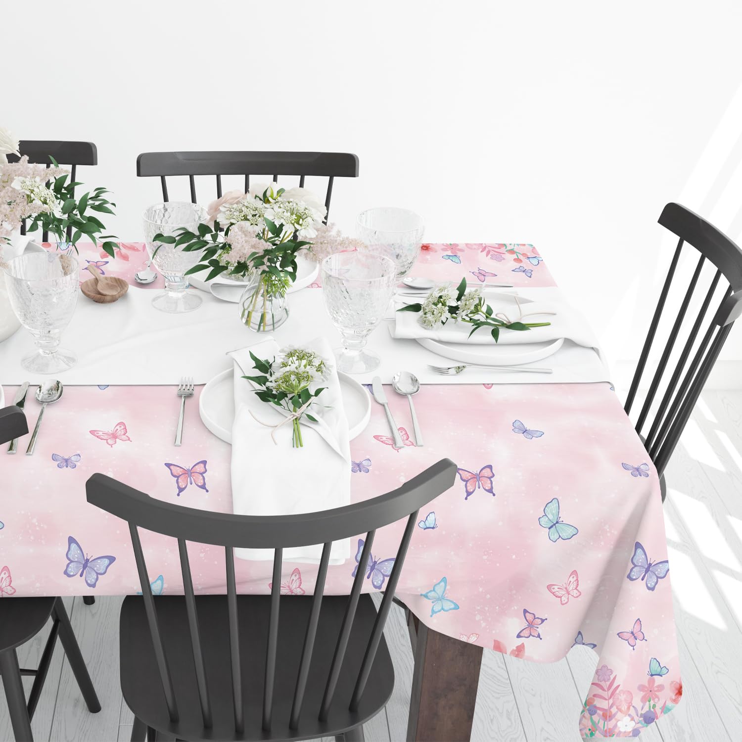 LINHAXM butterfly tablecloth on a dining setup adds color and protection.