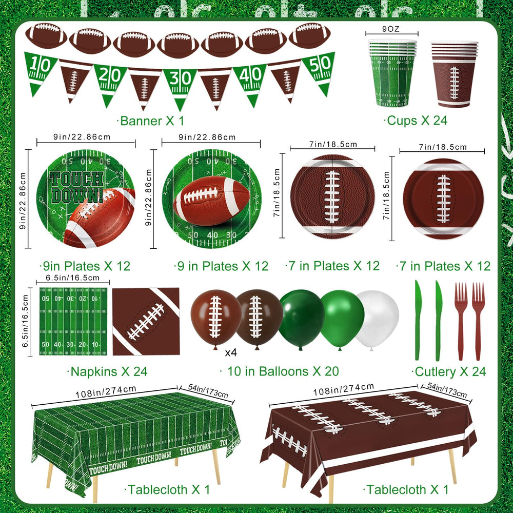 LINHAXM football plates 7-inch; dessert-friendly partyware with vibrant football patterns.