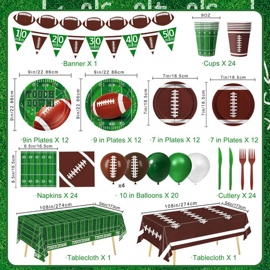 LINHAXM football plates 7-inch; dessert-friendly partyware with vibrant football patterns.