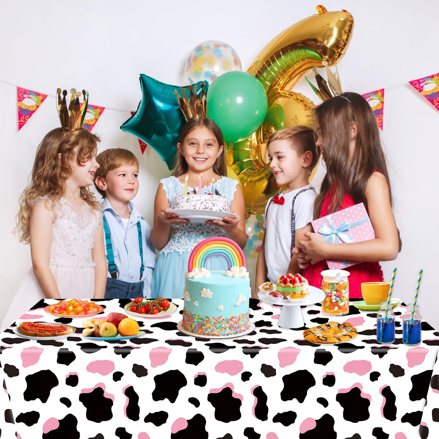 LINHAXM pink cow print tablecloth used as party decorations for a cowgirl theme