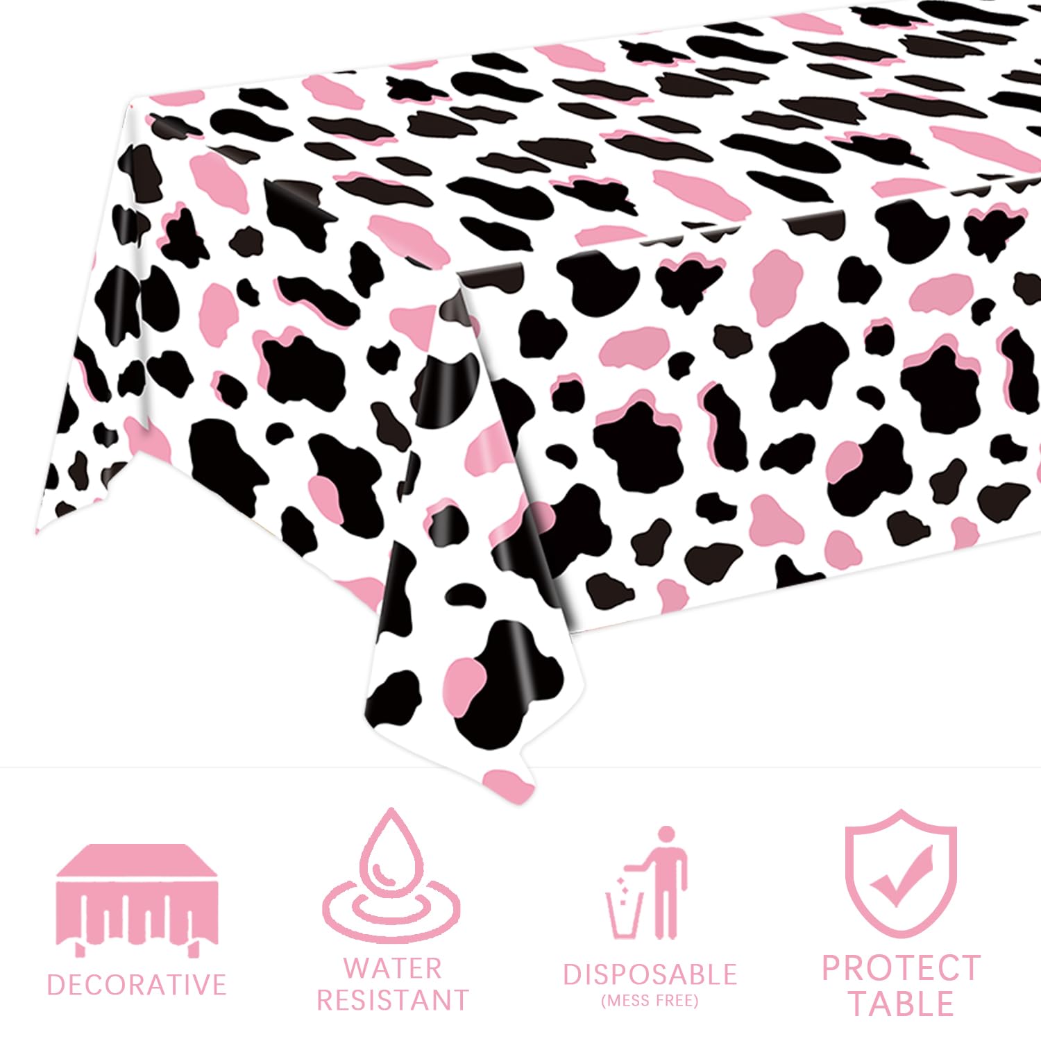 LINHAXM pink cow print tablecloth used as a photo backdrop at a cowgirl party